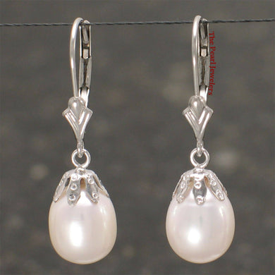 14k White Gold Leverback Cups White Pearl Dangle Earrings