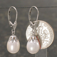 Load image into Gallery viewer, 14k White Gold Leverback Cups White Pearl Dangle Earrings