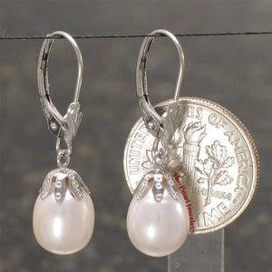 14k White Gold Leverback Cups White Pearl Dangle Earrings
