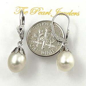 14k White Gold Leverback Cups White Pearl Dangle Earrings