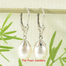 Load image into Gallery viewer, 14k White Gold Leverback Cups White Pearl Dangle Earrings