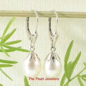 14k White Gold Leverback Cups White Pearl Dangle Earrings