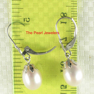 14k White Gold Leverback Cups White Pearl Dangle Earrings