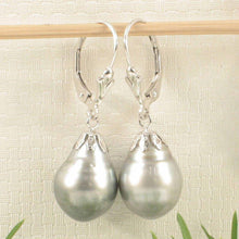 Load image into Gallery viewer, 14k White Gold Leverback &amp; Flower Cap Silver Tone Tahitian Pearl Dangle Earrings