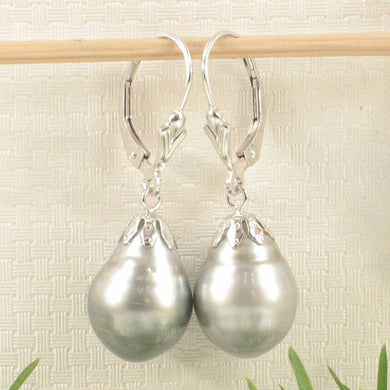 14k White Gold Leverback & Flower Cap Silver Tone Tahitian Pearl Dangle Earrings