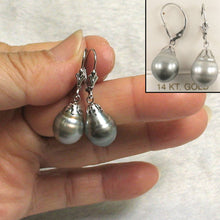 Load image into Gallery viewer, 14k White Gold Leverback &amp; Flower Cap Silver Tone Tahitian Pearl Dangle Earrings