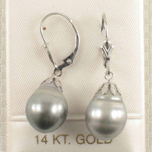Load image into Gallery viewer, 14k White Gold Leverback &amp; Flower Cap Silver Tone Tahitian Pearl Dangle Earrings
