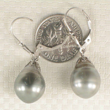 Load image into Gallery viewer, 14k White Gold Leverback &amp; Flower Cap Silver Tone Tahitian Pearl Dangle Earrings