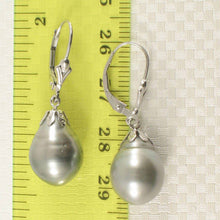 Load image into Gallery viewer, 14k White Gold Leverback &amp; Flower Cap Silver Tone Tahitian Pearl Dangle Earrings