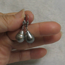 Load image into Gallery viewer, 14k White Gold Leverback &amp; Flower Cap Silver Tone Tahitian Pearl Dangle Earrings