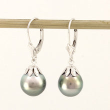 Load image into Gallery viewer, 14k White Gold Natural Gray Green Tahitian Pearl Leverback Dangle Earrings