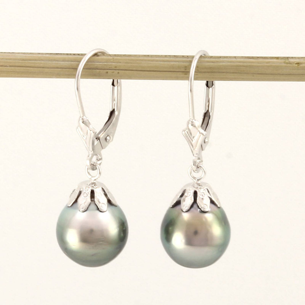 14k White Gold Natural Gray Green Tahitian Pearl Leverback Dangle Earrings