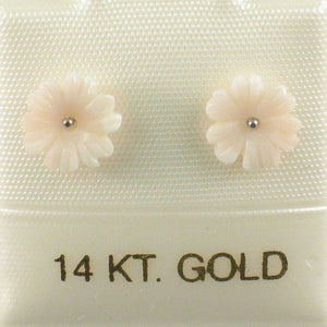 14K Solid White Gold Stud Earrings Natural Pale Pink Coral Carved Flower