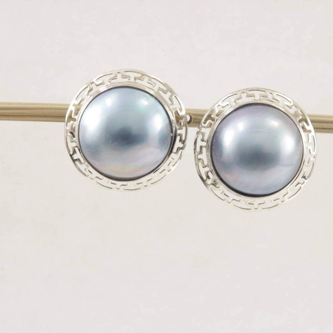 14k White Gold Omega Clip Australia Blue Mabe Pearl Earrings
