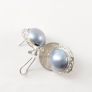 14k White Gold Omega Clip Australia Blue Mabe Pearl Earrings