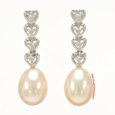 Solid 14k White Gold Peach Pearl & Diamond Dangle Earrings