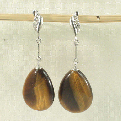 Raindrop Brown Tiger Eye & Diamond 14k White Solid Gold Dangle Stud Earrings