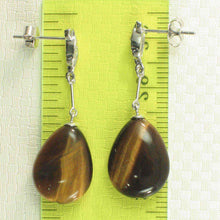 Load image into Gallery viewer, Raindrop Brown Tiger Eye &amp; Diamond 14k White Solid Gold Dangle Stud Earrings