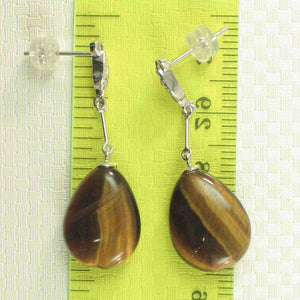Raindrop Brown Tiger Eye & Diamond 14k White Solid Gold Dangle Stud Earrings