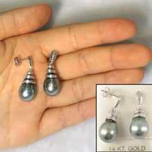 Load image into Gallery viewer, 14k White Gold Silver Green Tahitian Pearl Diamond Dangle Earrings