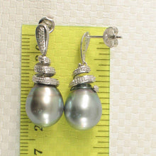 Load image into Gallery viewer, 14k White Gold Silver Green Tahitian Pearl Diamond Dangle Earrings