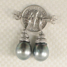 Load image into Gallery viewer, 14k White Gold Silver Green Tahitian Pearl Diamond Dangle Earrings