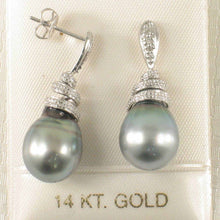 Load image into Gallery viewer, 14k White Gold Silver Green Tahitian Pearl Diamond Dangle Earrings