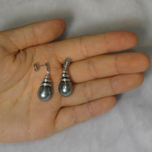 Load image into Gallery viewer, 14k White Gold Silver Green Tahitian Pearl Diamond Dangle Earrings