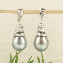 Load image into Gallery viewer, 14k White Gold Silver Green Tahitian Pearl Diamond Dangle Earrings
