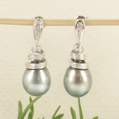 14k White Gold Silver Green Tahitian Pearl Diamond Dangle Earrings