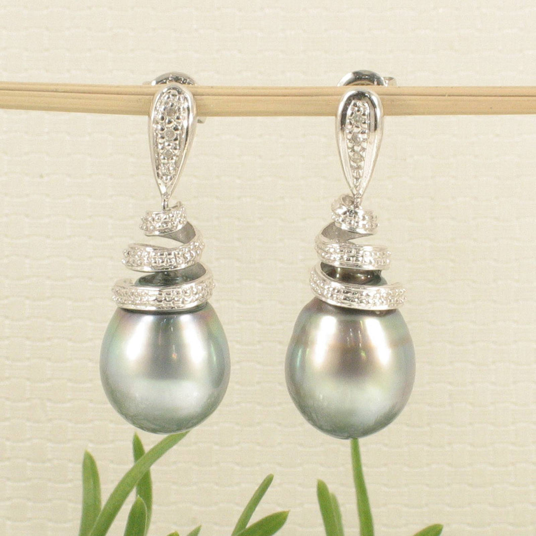 14k White Gold Silver Green Tahitian Pearl Diamond Dangle Earrings