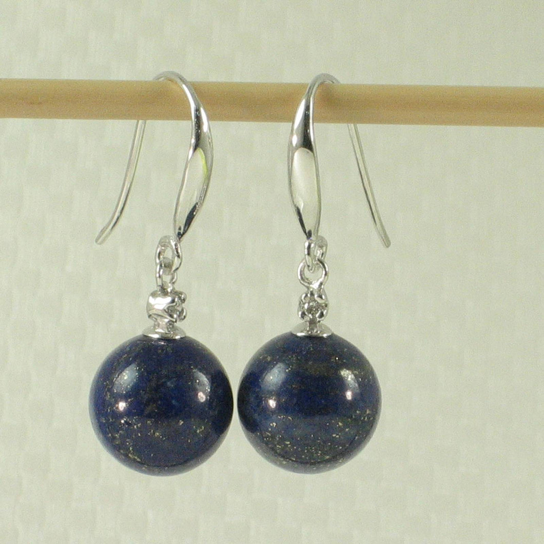 14k White Gold Sparkling Diamond & Blue Lapis Lazuli Hook Earrings