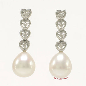 Solid 14k White Gold White Pearl & Diamond Dangle Earrings