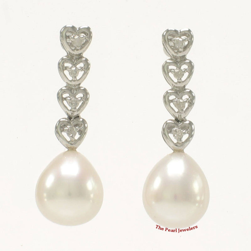Solid 14k White Gold White Pearl & Diamond Dangle Earrings