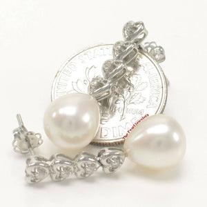 Solid 14k White Gold White Pearl & Diamond Dangle Earrings