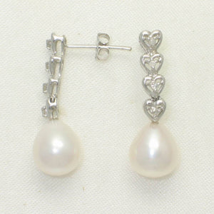Solid 14k White Gold White Pearl & Diamond Dangle Earrings