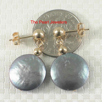 14k Yellow Gold 3mm Ball & 12mm Blue Coin Pearl Dangle Earrings