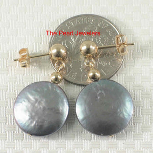 14k Yellow Gold 3mm Ball & 12mm Blue Coin Pearl Dangle Earrings