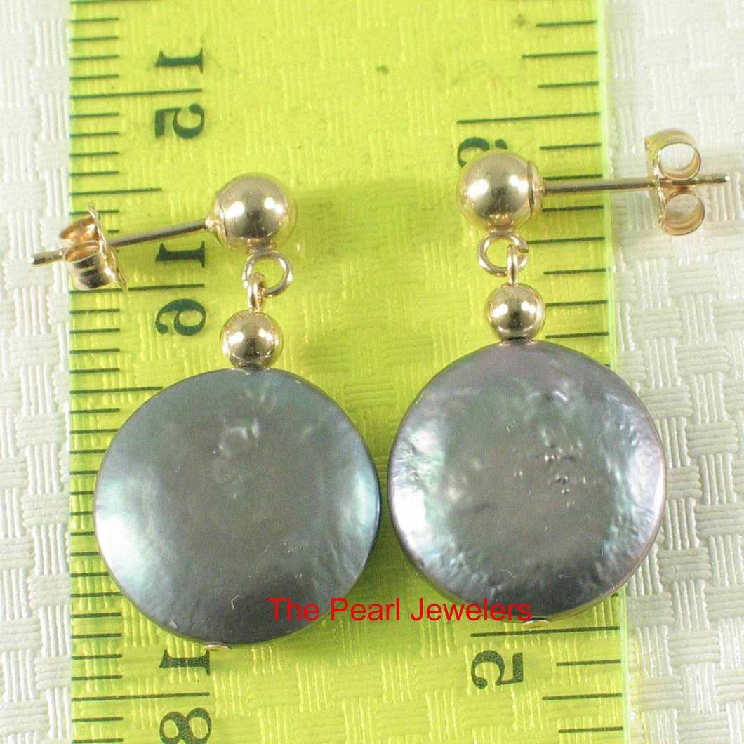 14k Yellow Gold 3mm Ball & 12mm Blue Coin Pearl Dangle Earrings