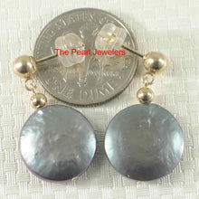 Load image into Gallery viewer, 14k Yellow Gold 3mm Ball &amp; 12mm Blue Coin Pearl Dangle Earrings