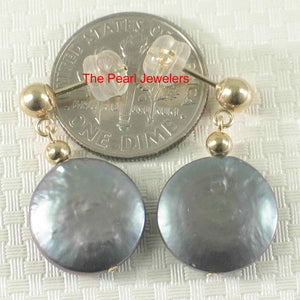 14k Yellow Gold 3mm Ball & 12mm Blue Coin Pearl Dangle Earrings