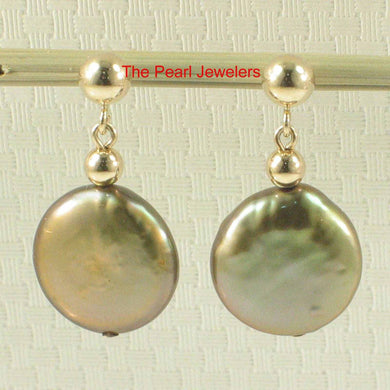 14k Yellow Gold 4mm Ball & 11 mm Pistachio Coin Pearl Dangle Earrings