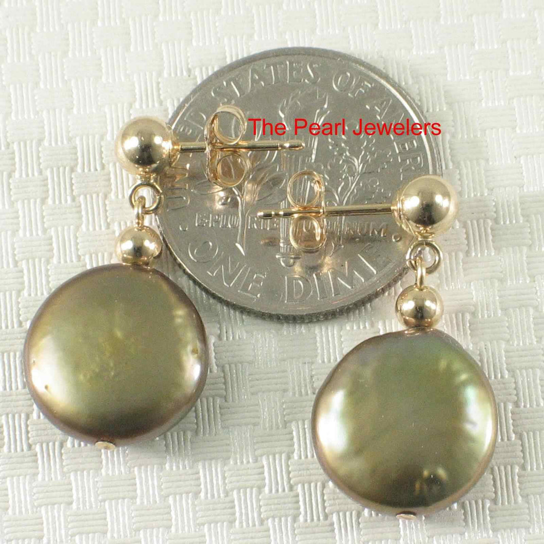 14k Yellow Gold 4mm Ball & 11 mm Pistachio Coin Pearl Dangle Earrings