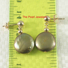 Load image into Gallery viewer, 14k Yellow Gold 4mm Ball &amp; 11 mm Pistachio Coin Pearl Dangle Earrings
