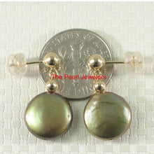 Load image into Gallery viewer, 14k Yellow Gold 4mm Ball &amp; 11 mm Pistachio Coin Pearl Dangle Earrings