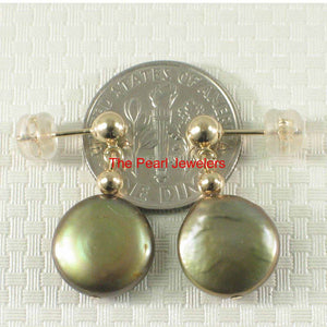 14k Yellow Gold 4mm Ball & 11 mm Pistachio Coin Pearl Dangle Earrings