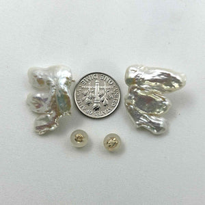 14k Yellow Gold Baroque White Biwa Pearl Stud Earrings