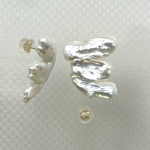 14k Yellow Gold Baroque White Biwa Pearl Stud Earrings