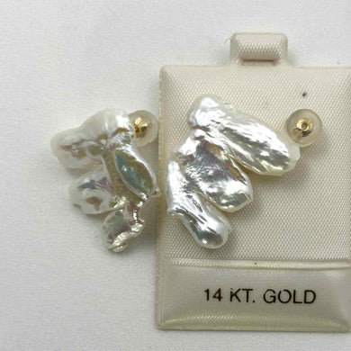 14k Yellow Gold Baroque White Biwa Pearl Stud Earrings