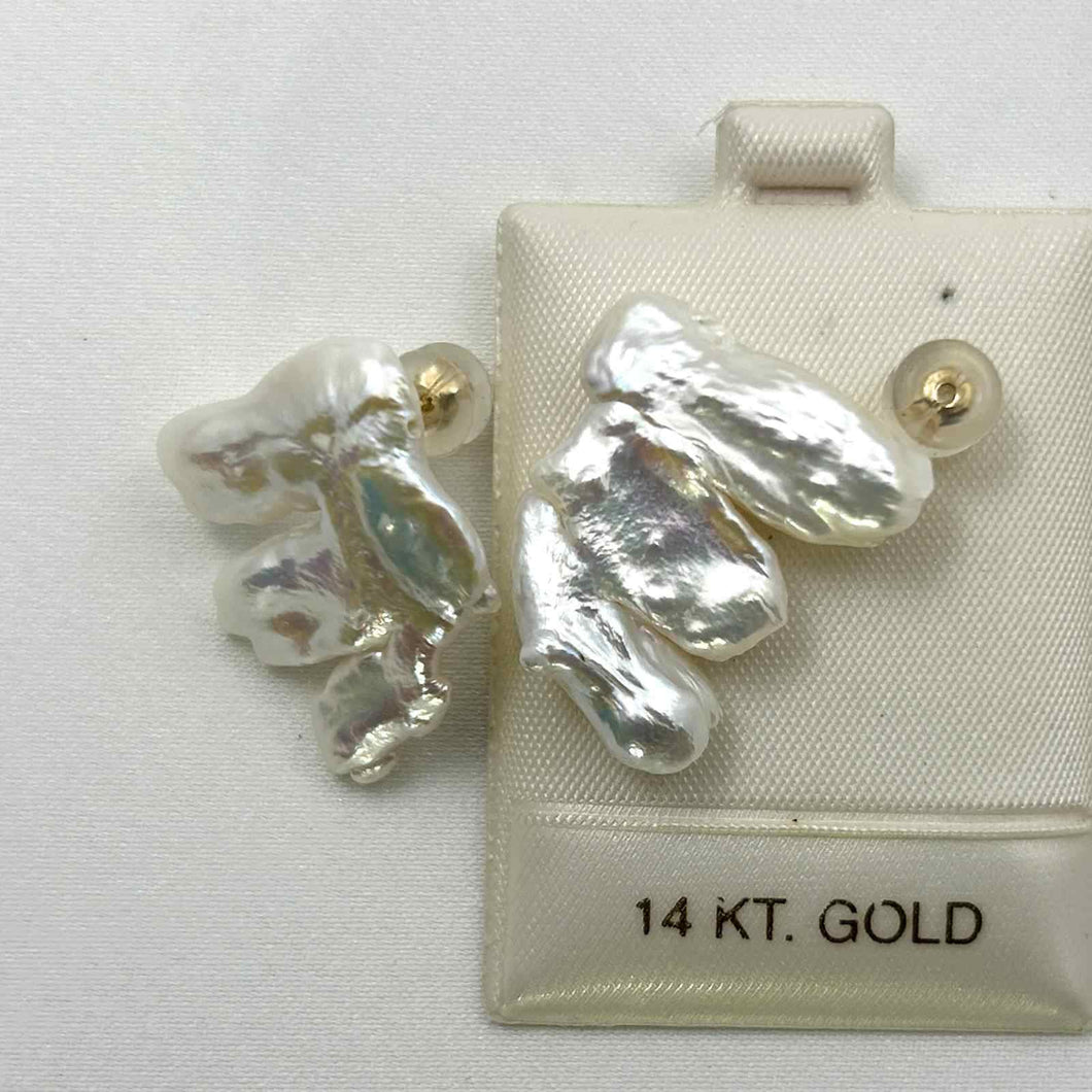 14k Yellow Gold Baroque White Biwa Pearl Stud Earrings